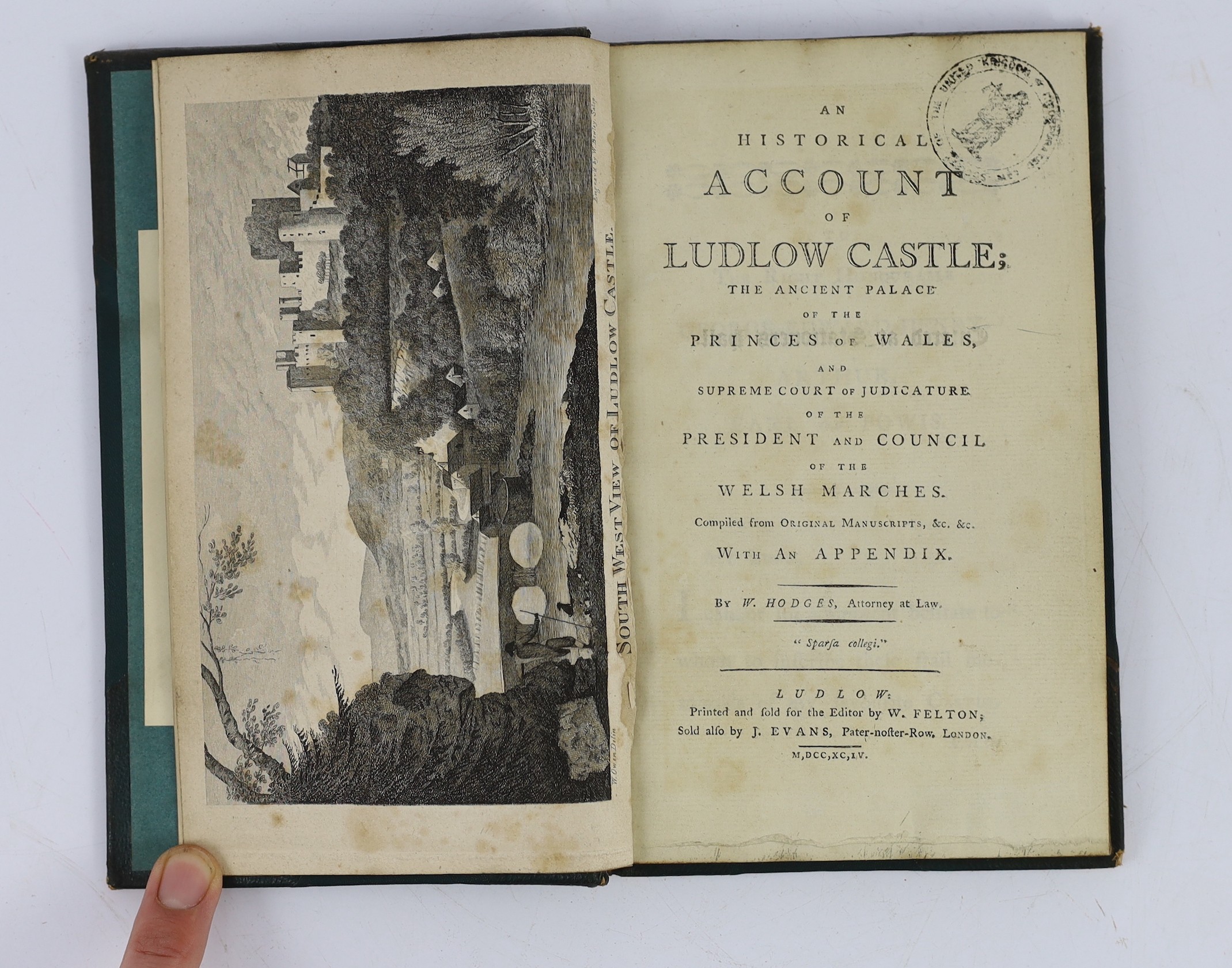 SALOP: Hodge, W. - An Historical Account of Ludlow Castle; the ancient palace of the Prince of Wales ... 2 plates, subscribers list; 19th cent. half morocco and cloth, gilt-panelled spine. 1794